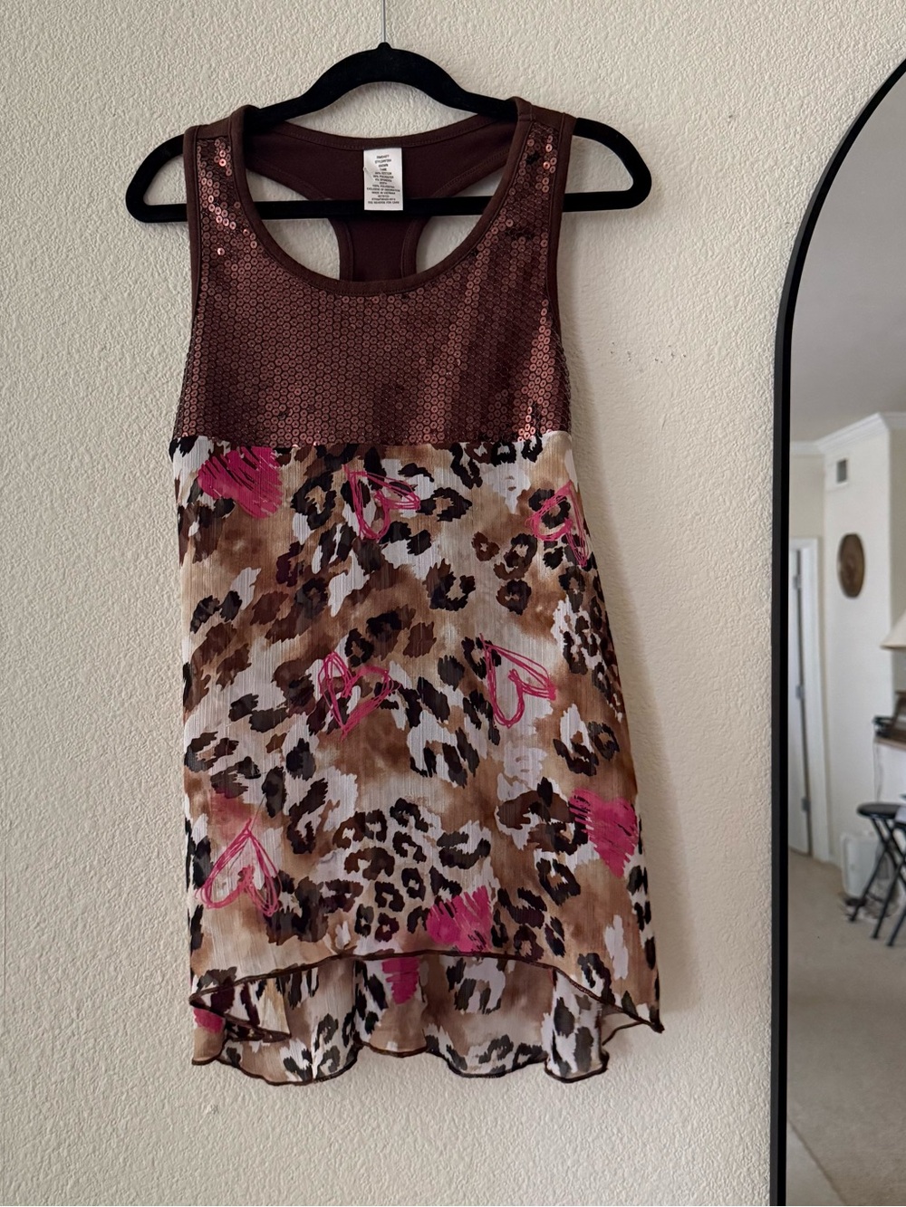 2010s McBling Sequin Leopard Heart Racerback Tunic Top Brown Pink Y2K